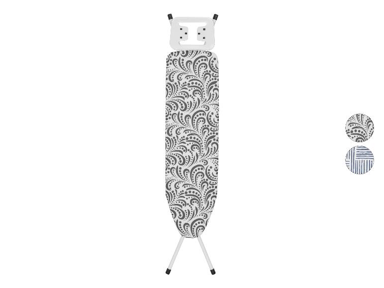 Table à repasser avec housse à motifs gris et pieds blancs, deux options de motifs.