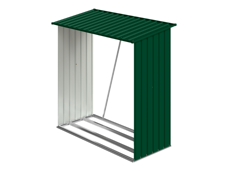 Cadre d'abri de jardin en métal vert et blanc avec toit en pente.