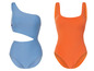 Deux maillots de bain, un bleu avec une bretelle et un orange avec un col rond.