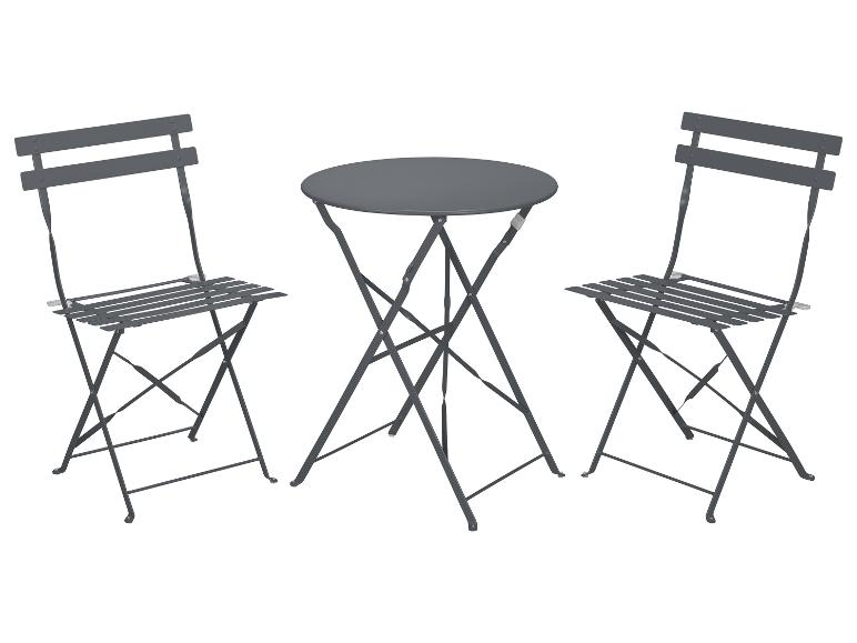 Ensemble de bistrot gris foncé avec une table ronde et deux chaises pliantes.