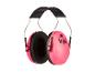Casque anti-bruit rose pour enfants avec rembourrage noir et bandeau réglable.
