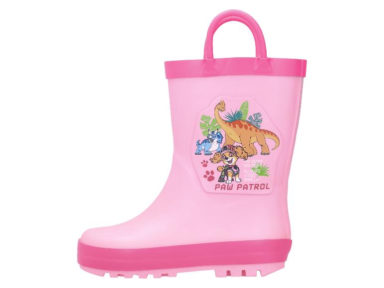 Bottes de pluie roses pour enfants avec des dinosaures et un chiot, texte 'No dinos too big, No pups too small'