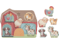 Puzzle sonore en bois avec animaux de la ferme: coq, mouton, chat, chien et vache.