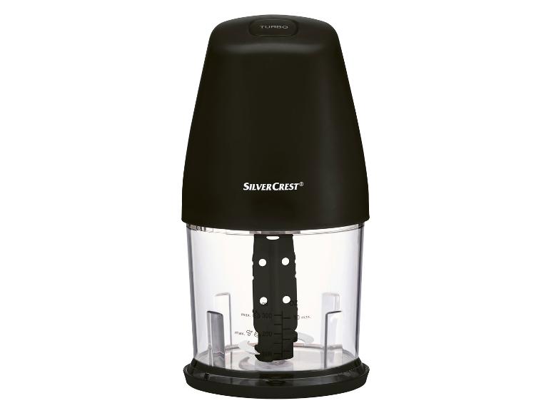 Un hachoir alimentaire SilverCrest noir avec un bouton turbo.
