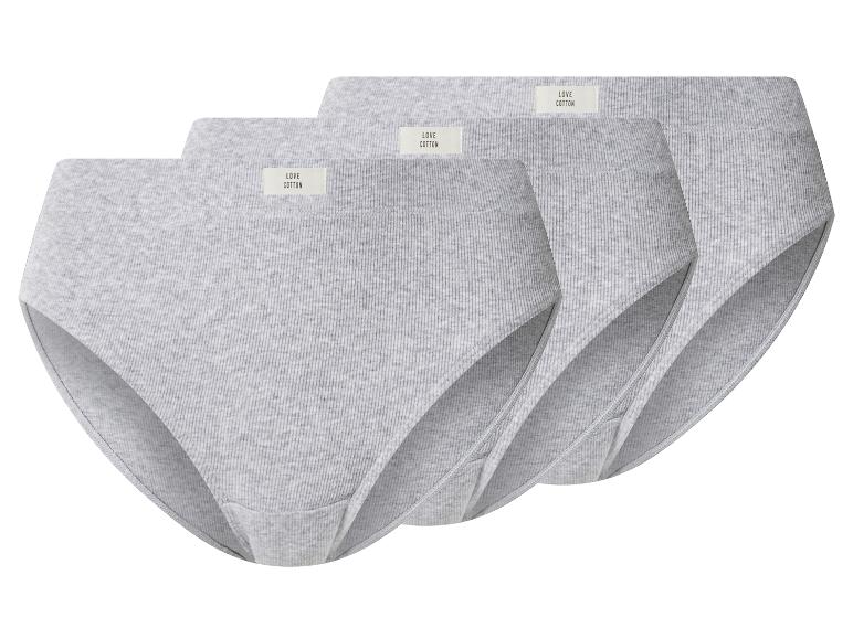 Trois culottes en coton gris pour femmes, avec le texte « LOVE COTTON » à la taille