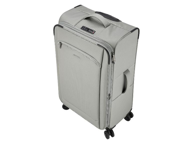 Valise trolley grise avec poignée supérieure, cadenas à combinaison et roulettes.