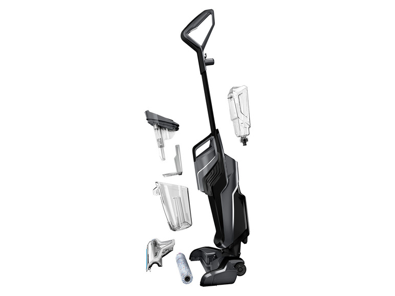 Un aspirateur noir avec des pièces détachées, y compris un réservoir d'eau.