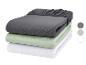 Ensemble de draps housses en coton gris, vert clair et blanc avec échantillons de couleurs.