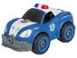 Voiture de police jouet bleue avec des roues qui tournent.