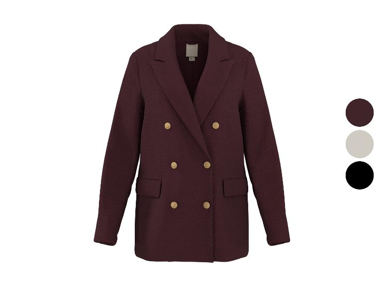 Veste femme croisée bordeaux avec boutons dorés et palette de couleurs.