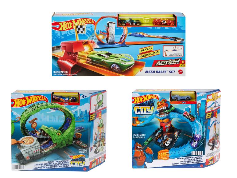Ensemble de jeu Hot Wheels Mega Rally et Hot Wheels City avec des voitures et des boucles.