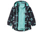 Une veste imperméable avec une doublure en polaire, toutes deux avec un motif de voitures.