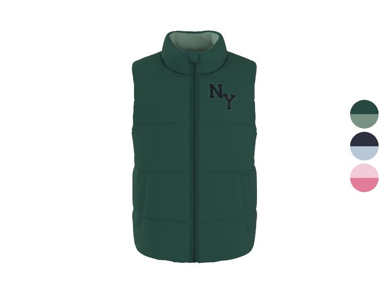 Gilet matelassé vert avec logo « NY » et échantillons de couleurs.