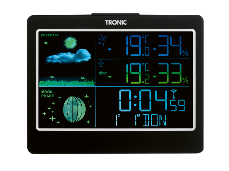 Station météo digitale avec écran couleur affichant l'heure, la température et les phases de la lune.