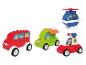 Véhicules en blocs de construction, dont un camion de pompiers, une voiture de police et un hélicoptère.