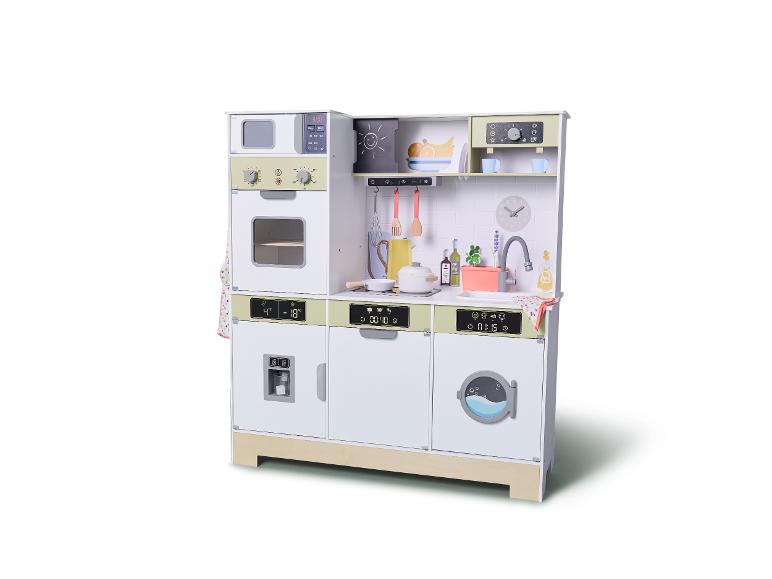 Cuisine de jeu en bois avec micro-ondes, four, réfrigérateur, machine à laver et évier