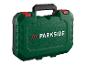 Boîte à outils verte PARKISDE avec fermoirs rouges et poignée noire.