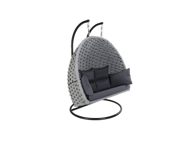 Fauteuil suspendu gris avec coussins gris foncé et cadre en métal noir