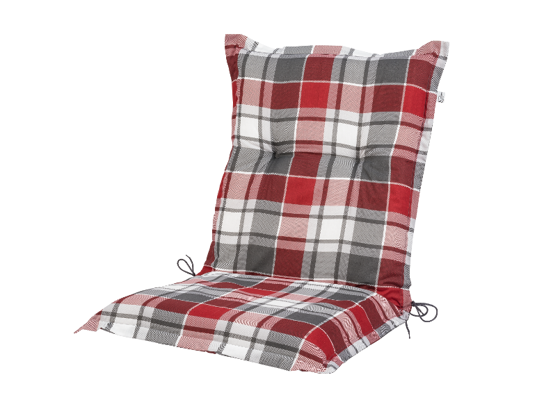 Coussin de chaise rouge et gris à carreaux.