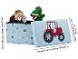Boîte de rangement pour jouets avec couvercle, motif tracteur et dimensions.