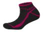 Des chaussettes noires avec des accents roses et le mot 'Fitness'.
