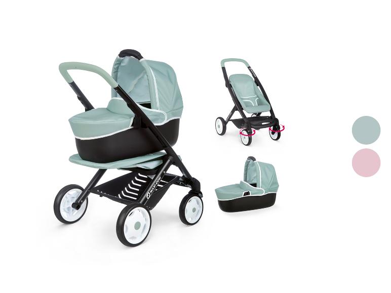 Une poussette Maxi-Cosi avec un revêtement en tissu vert.