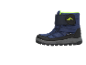 Botte d'hiver imperméable bleue pour enfant avec motif montagne et doublure verte.