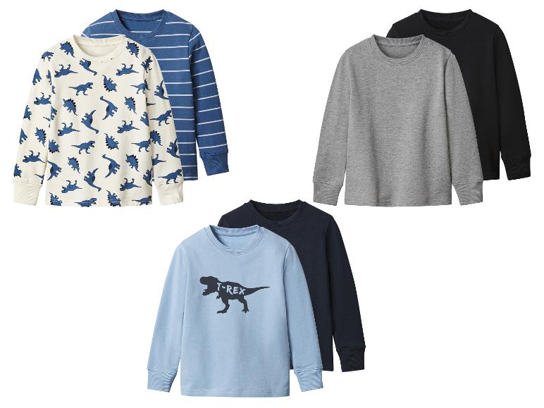 Ensemble de six t-shirts à manches longues pour enfants de différentes couleurs et imprimés dinosaures.