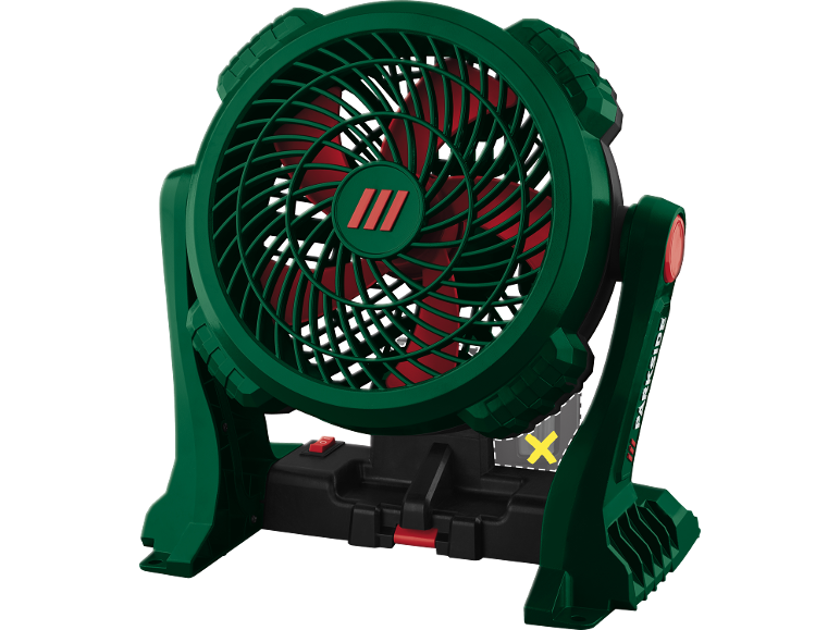 Ventilateur d'atelier vert et rouge avec base noire et détails rouges.