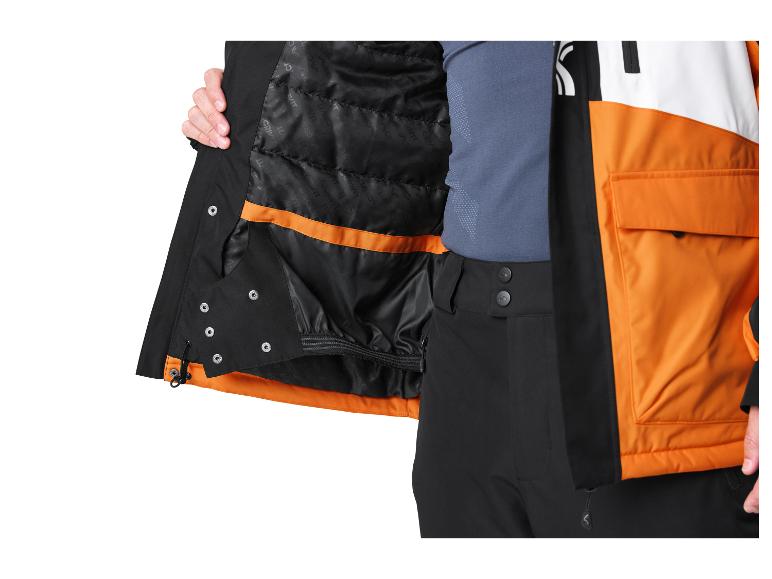 Veste de ski homme avec détails orange et noirs, vue de l'intérieur