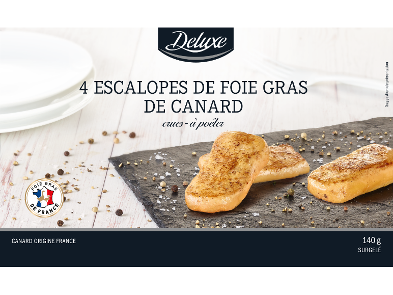 4 escalopes de foie gras de canard crues à poêler, 140g, surgelées.