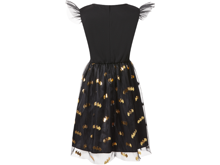 Robe enfant Batman avec corsage noir et jupe en tulle à chauves-souris dorées.