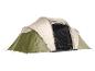 Tente tunnel beige et vert olive avec une entrée ouverte