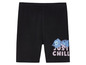 Shorts noirs avec un imprimé Stitch et l'inscription 'Just Chill'.