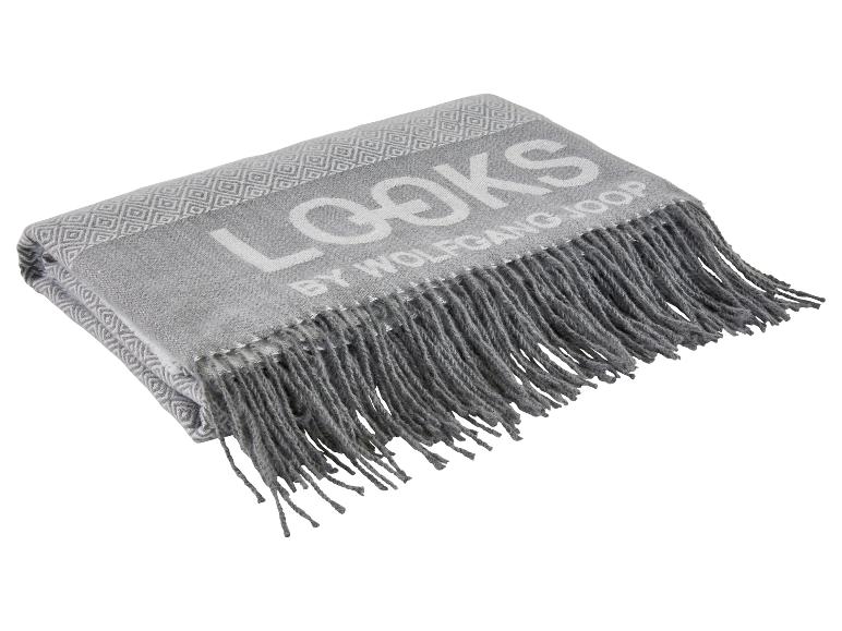 Plaid gris avec motif losanges blancs et franges, marqué 'LOOKS BY WOLFGANG JOOP'