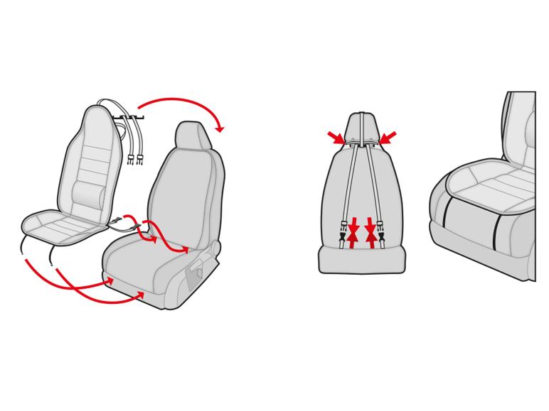 Illustration de coussins de siège auto avec système de fixation.