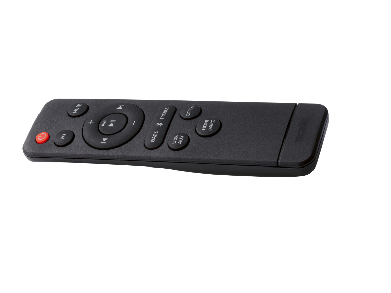 Télécommande noire avec boutons pour volume, basses, aigus, EQ, MUTE, Pair, USB AUX, OPTICAL, HDMI eARC