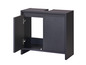 Une armoire de salle de bain noire avec deux portes ouvertes.