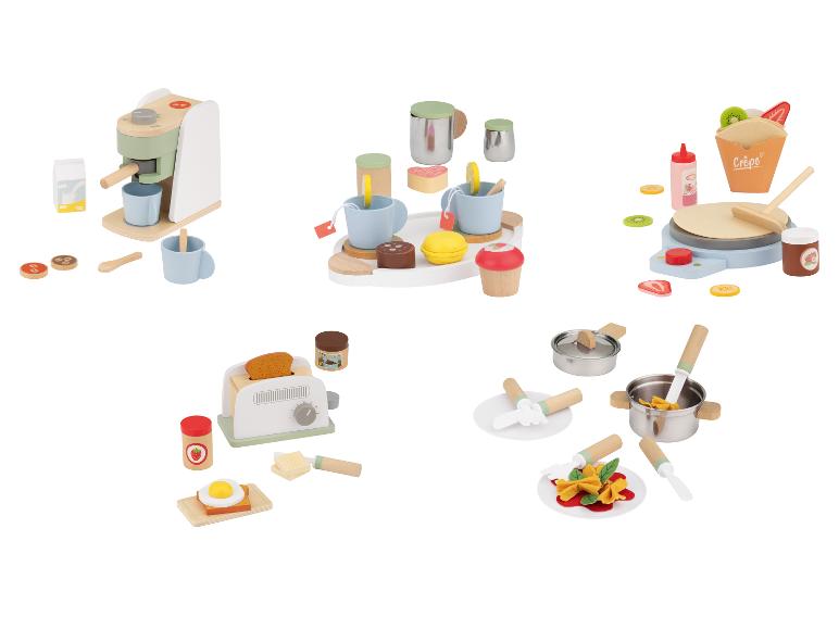 Jouets de cuisine en bois : machine à café, service à thé, crêpes, grille-pain et casseroles de pâtes.