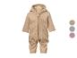 Combinaison bébé beige avec capuche et fermeture éclair, présentée avec des échantillons de couleurs.