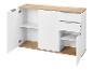 Buffet blanc et bois avec portes ouvertes et tiroirs