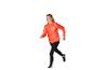Femme courant en veste de sport orange et leggings noirs.