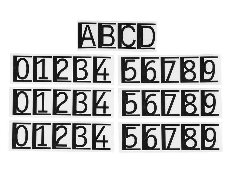 Ensemble d'autocollants avec les lettres A-D et les chiffres 0-9.