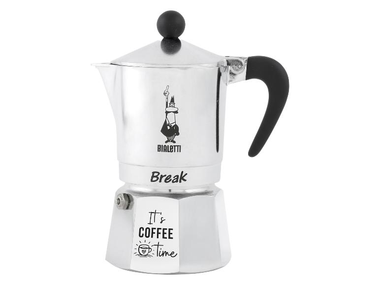 Cafetière moka argentée avec poignée et bouton noirs, avec le texte « It's coffee time ».