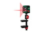 Un niveau laser vert Parkside avec des faisceaux laser rouges, fixé à une pince noire.