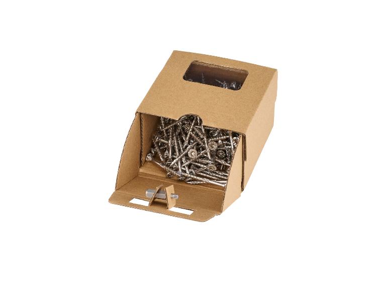 Boîte en carton ouverte avec des vis et un embout de tournevis.
