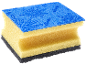 Éponge de cuisine à trois couches avec une couche supérieure bleue à motifs, une couche centrale jaune et une base grise.
