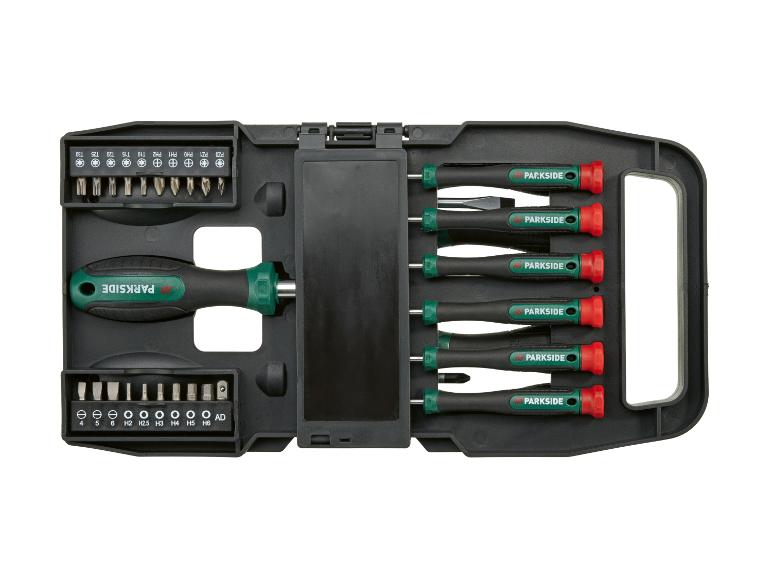 Kit de tournevis PARKSIDE avec embouts et poignées dans une boîte de rangement noire.