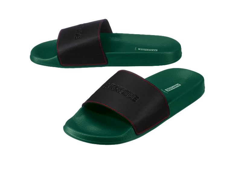 Une paire de tongs Parkside vert foncé avec une bande noire.