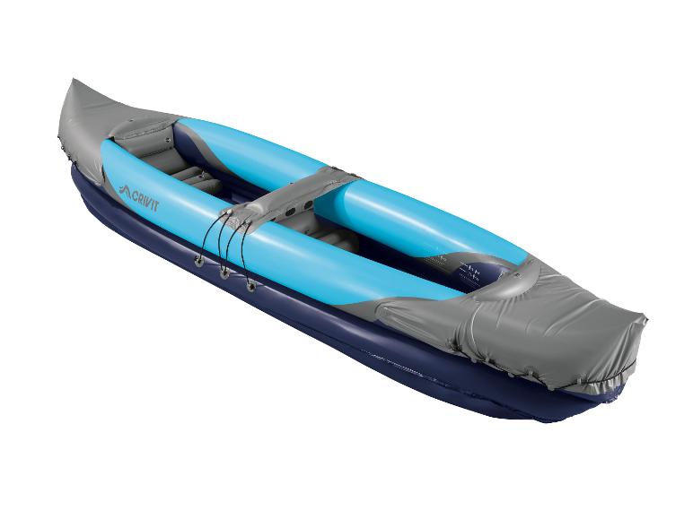 Canoë gonflable Crivit bleu et gris pour deux personnes.